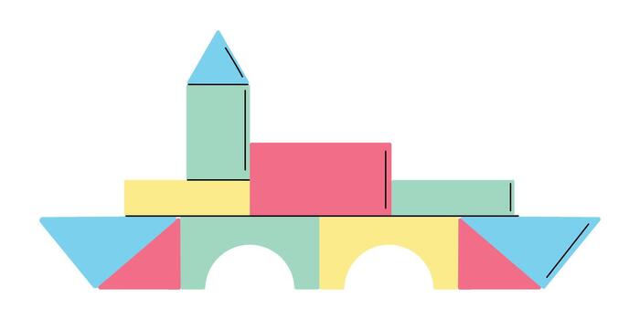 plano ilustración de un vistoso juguete bloquear estructura parecido a un castillo, hecho de geométrico formas me gusta rectángulos, triangulos, y arcos vector