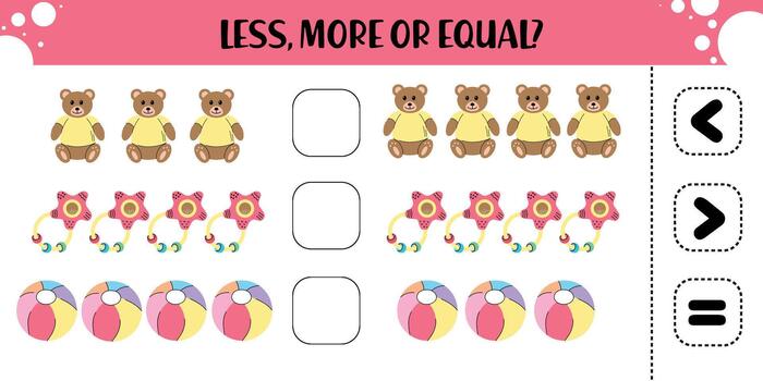Preschool math worksheet for comparing toy quantities using less than, more than, or equal symbols with bears, rattles, and beach balls vector