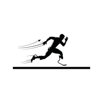 Silhouette of a determined athlete with prosthetic legs running forward with speed and power vector