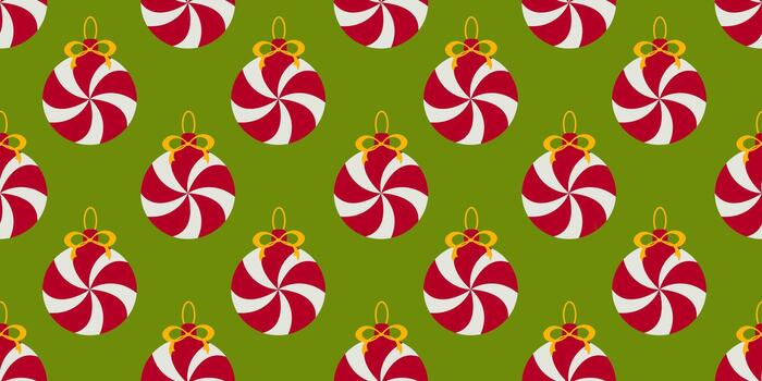 Seamless pattern featuring red and white striped candy style ornaments on vibrant green background. Ideal for festive textile prints, wrapping paper, and holiday design projects vector