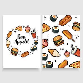 Set of two pixel art food designs with a fast food greeting card with Bon Appetit text and pattern with soda, and snacks for posters, menu covers, wrapping paper, kids party, backgrounds. vector