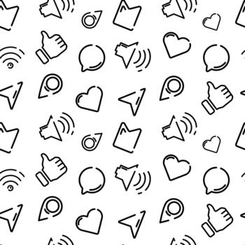 Seamless pattern of hand drawn social media icons including like, heart, chat, location, Wi Fi, send, and notification symbols on white background. illustration vector