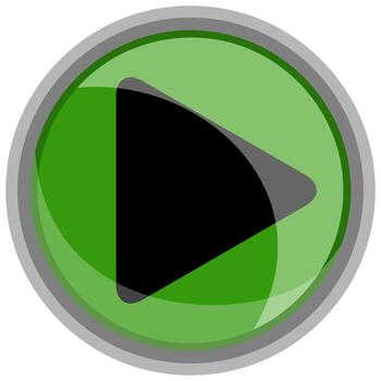 A glossy, green play button icon with a reflective surface vector