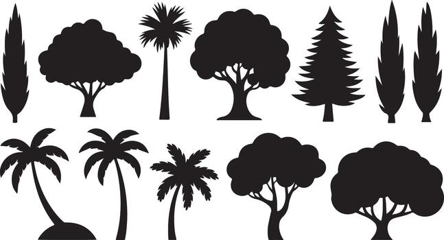 Several black tree silhouettes create a diverse forest, including palm, pine, and leafy trees vector