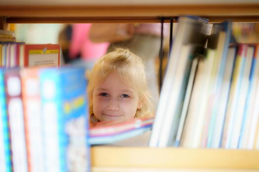 Child peeking through a bookshelf in a library during daytime activities with other visitors in the background photo