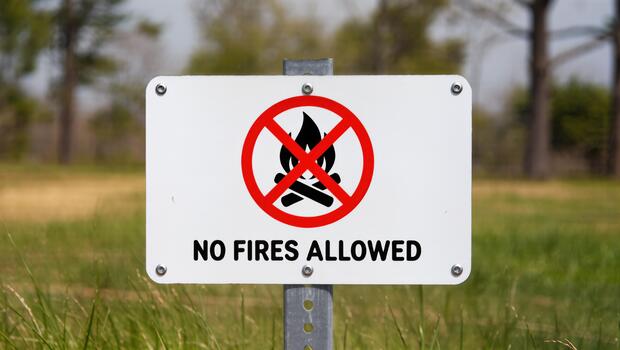 Sign Warning Against Fires in a Grassy Area on a Clear Day With Trees in the Background photo