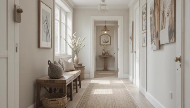 Spacious Hallway With Natural Light Illuminating Decorative Elements in a Modern Setting photo