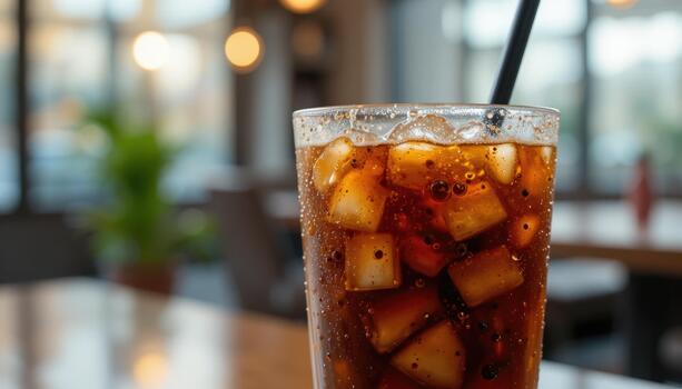 refrescante bebida con Fruta en un de madera mesa en un acogedor café ajuste durante el tarde foto