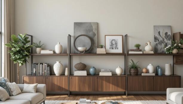 Modern Living Room With Stylish Shelving and Decorative Elements Arranged Neatly on Display photo