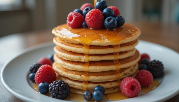 Stack of Fluffy Pancakes Topped With Berries and Syrup on a White Plate in a Cozy Kitchen photo
