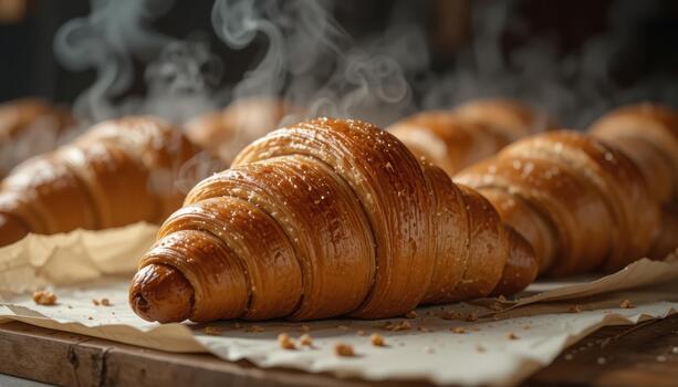 recién horneado croissants en un de madera mesa con vapor creciente en un acogedor panadería ajuste foto