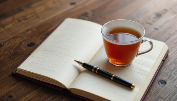 Cozy Setting With a Cup of Tea Resting on an Open Notebook and a Fine Pen on a Wooden Table photo