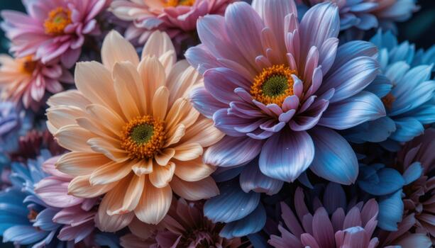 Colorful Flowers in a Close-Up Display Showcasing Vibrant Hues and Intricate Petal Details photo