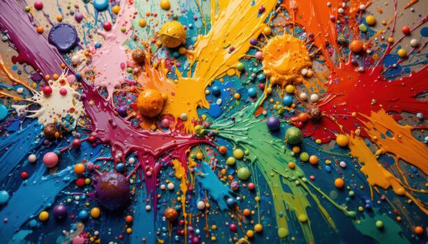 Vibrant Splashes of Paint Create a Colorful Abstract Scene in an Artistic Workspace photo