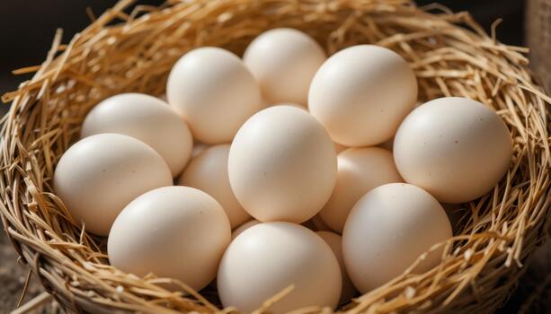 Freshly Gathered White Eggs Nestled in Straw Within a Rustic Basket on a Wooden Surface photo