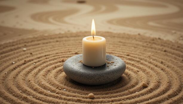 Serene Candle on Stone Centerpiece Surrounded by Swirling Sand Patterns in a Calm Environment photo
