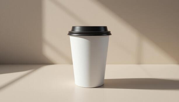 White Disposable Coffee Cup on a Minimalistic Table With Soft Shadows in the Afternoon Light photo