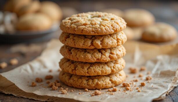 delicioso apilar de hecho en casa harina de avena galletas en un rústico mesa ajuste foto