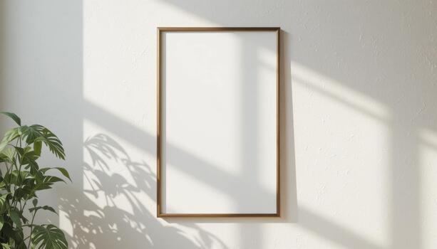 Blank Frame Hung on a Wall Beside Greenery With Natural Light Casting Shadows in a Serene Room photo