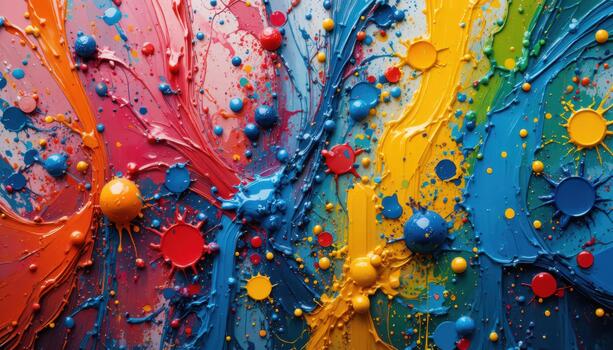 Colorful Paint Splashes Create an Engaging Abstract Art Scene on a Textured Surface in Bright Hues photo