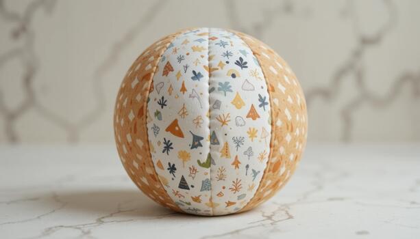Colorful Fabric Ball With Playful Patterns Placed on a Marble Surface photo