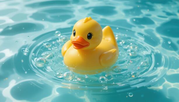 Bright Yellow Rubber Duck Floats on Clear Water Surface With Bubbles in a Sunny Setting photo