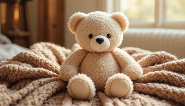 Cozy Teddy Bear Resting on a Soft Blanket in a Warmly Lit Room During Afternoon Light photo