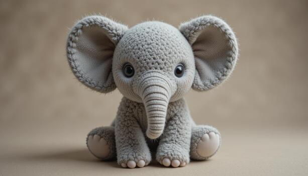 Cute Grey Elephant Plush Toy Sitting on a Plain Background, Showcasing Soft Textures and Friendly Expression photo