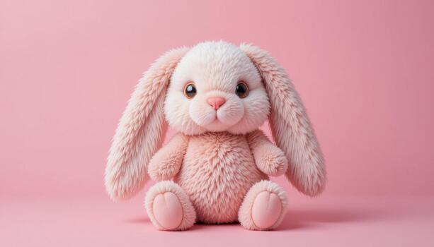 Charming Pink Bunny Plush Sitting Against a Soft Pink Background With Adorable Features and Fluffy Texture photo