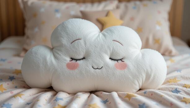 Soft Cloud-Shaped Pillow on a Cozy Bed With Star-Patterned Bedding in a Cheerful Bedroom Setting photo