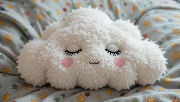 Soft Plush Cloud With a Smiling Face Resting on a Patterned Blanket Covered in Colorful Stars photo