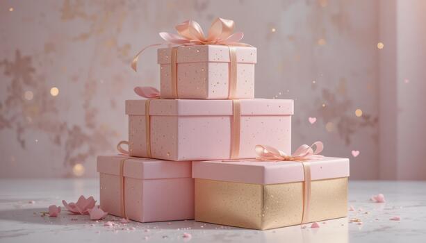 Elegant Pink Gift Boxes Arranged on a Table With Soft Decorative Elements and Gentle Lighting photo