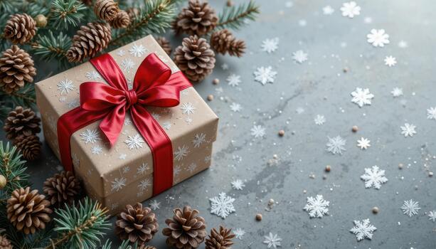 Festive Gift Box With Red Ribbon Surrounded by Pinecones and Snowflakes on a Gray Background photo