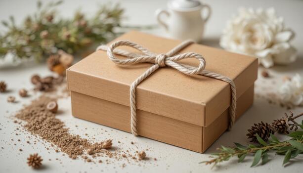 Gift Box on a Decorated Table With Natural Elements and Soft Lighting photo