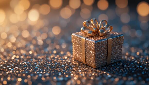 Sparkling Gift Box With Golden Ribbon on a Shimmering Surface in Warm Light photo