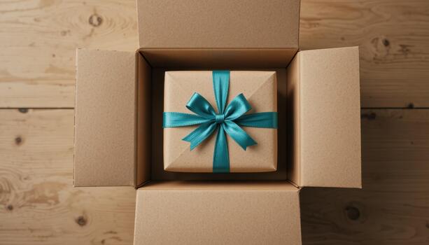 Gift Box Wrapped in Teal Ribbon Inside a Neatly Opened Cardboard Package on a Wooden Surface photo