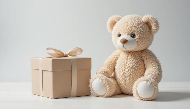 Soft Teddy Bear Sits Beside a Gift-Wrapped Box on a Simple Background in a Cozy Setting photo