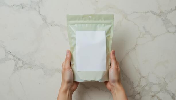 Hands Holding a Plain Package Against Marble Surface With Neutral Color Scheme in the Background photo