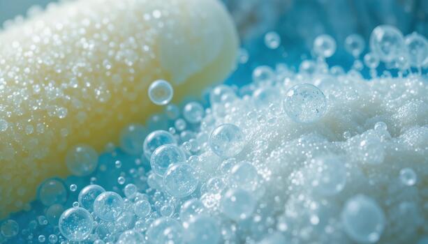 Bubbles and Foam in a Close-Up View of a Cleaning Process With a Sponge, Set Against a Blue Background photo