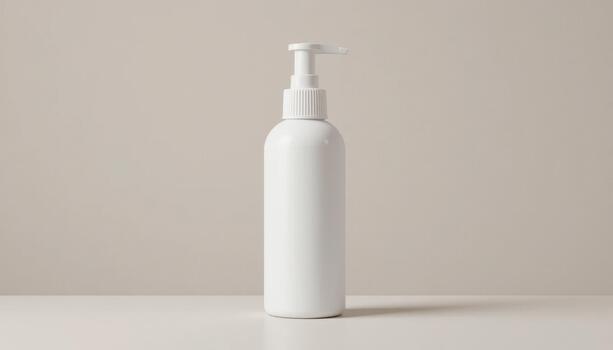 blanco botella con un bomba en un mesa en un sencillo interior ajuste durante luz foto