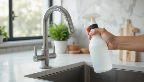 Cleaning Tasks Are Performed in a Kitchen While a Spray Bottle is Held Near a Sink photo
