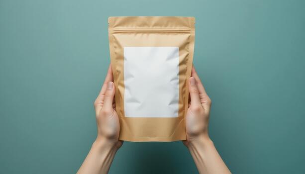 Hands Holding a Blank Package Against a Solid Colored Background in a Simple Setting photo