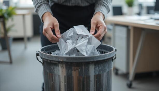 Person Putting Crumpled Papers Into a Trash Can in a Modern Office Setting During Daytime photo
