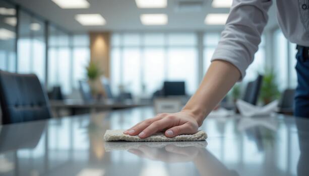 Cleaning a Surface in an Office Setting During the Day With Large Windows and Modern Furniture photo