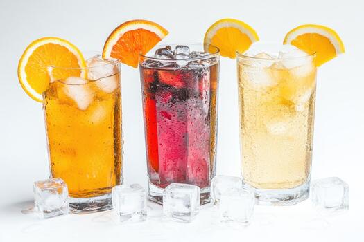 Three different types of alcoholic drinks with ice cubes photo