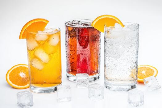 Three different types of drinks with ice cubes photo