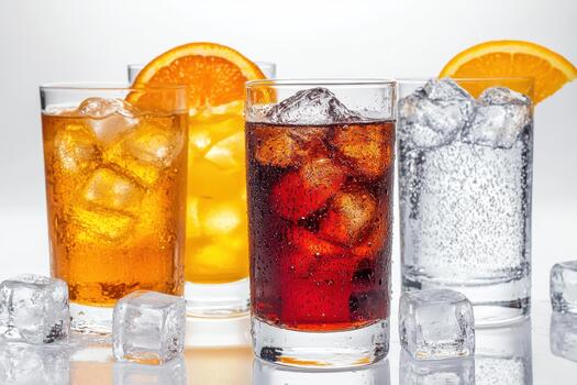 Four different types of drinks with ice cubes photo