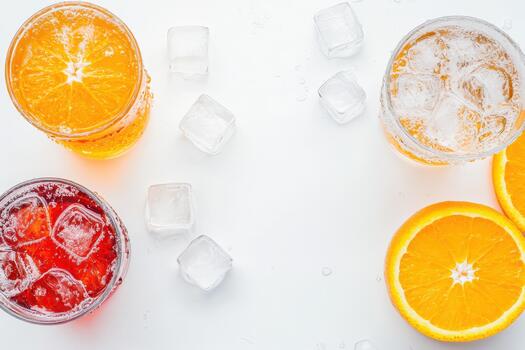 Orange juice, orange slices and ice cubes on a white surface photo