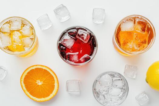 Four different types of drinks in glasses with ice cubes photo