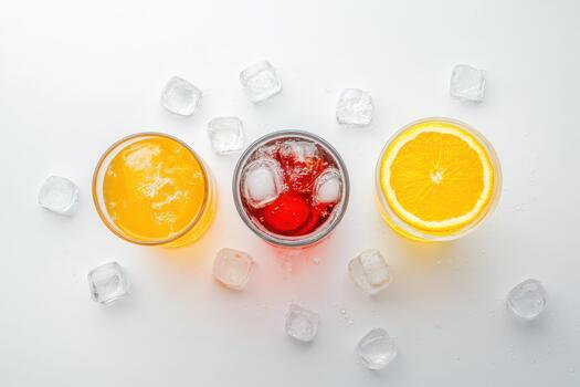 Three different types of drinks in glasses with ice photo